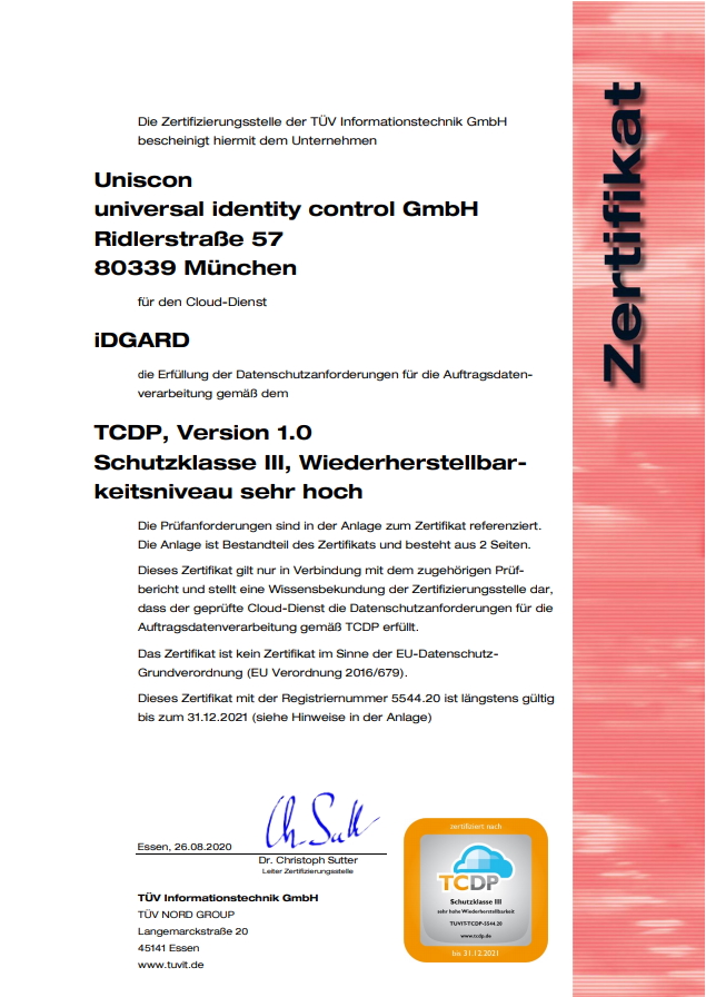 TCDP Zertifikat Schutzklasse 3 - 2021
